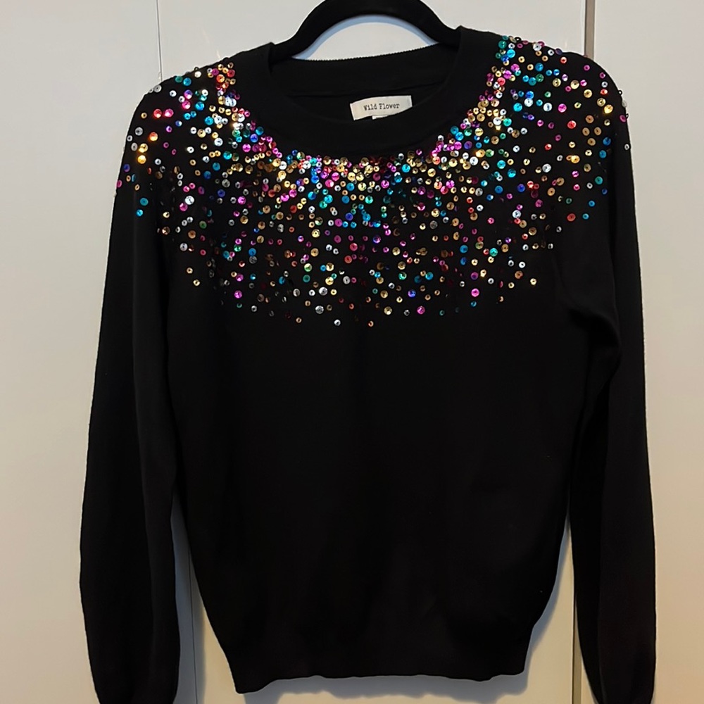 Wildflower Black Sweater with Multi-Colored Sequence - Size Medium